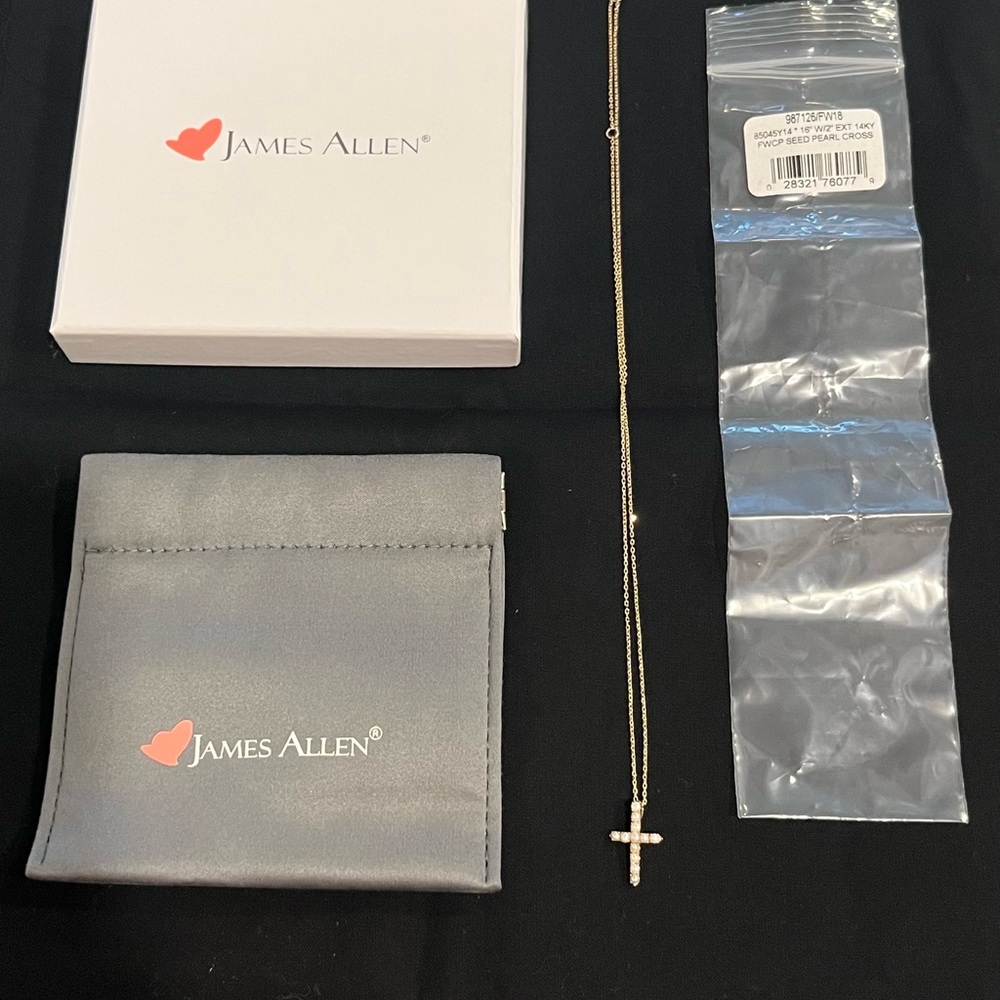 NWT James Allen 14K Gold Necklace with Seed Pearl Cross Pendant